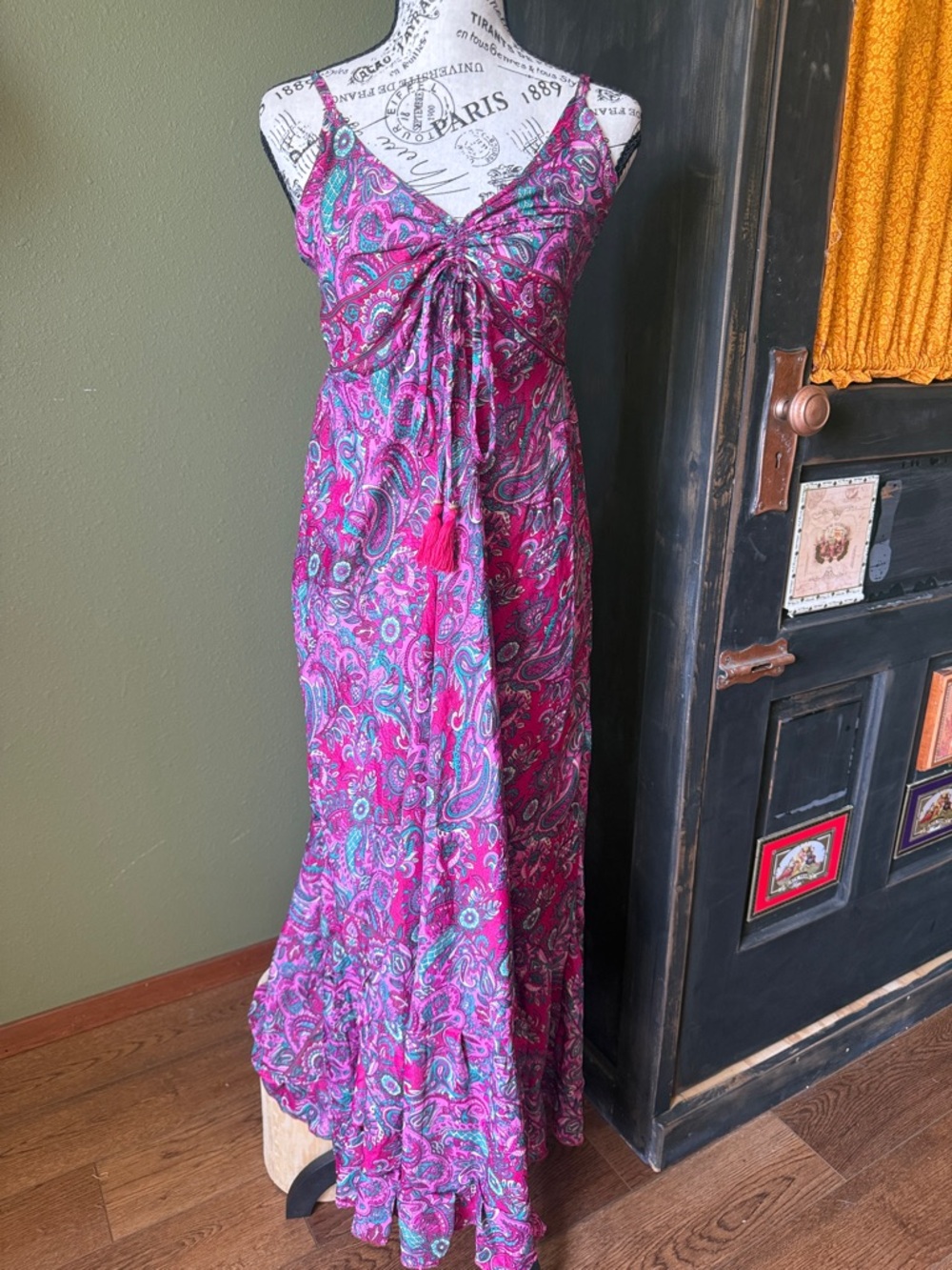 Bohemian Pink Paisley Maxi Dress with Tie Front